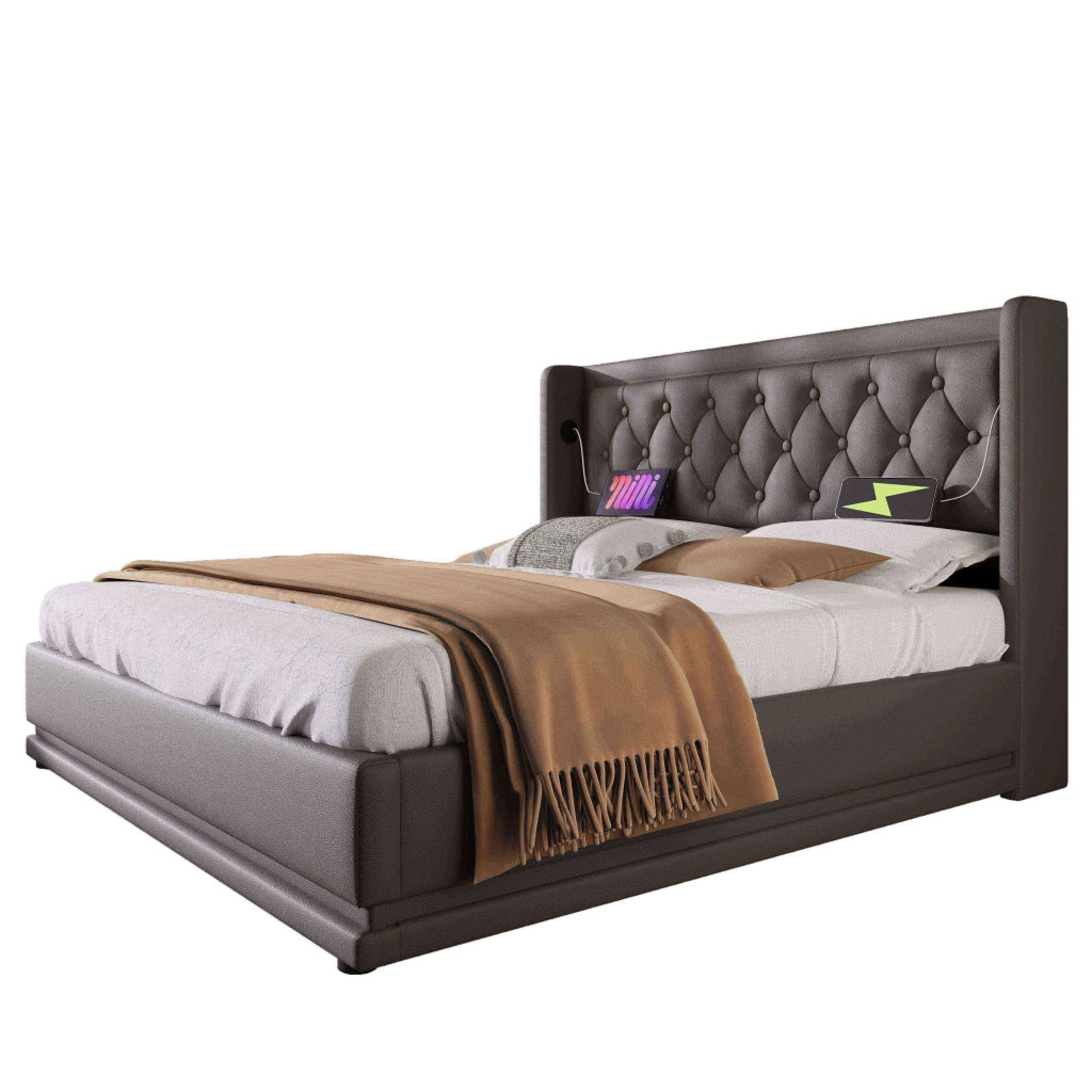 Letti contenitori 160x200 cm; testiera con USB e LED; PU nero (Senza materasso)