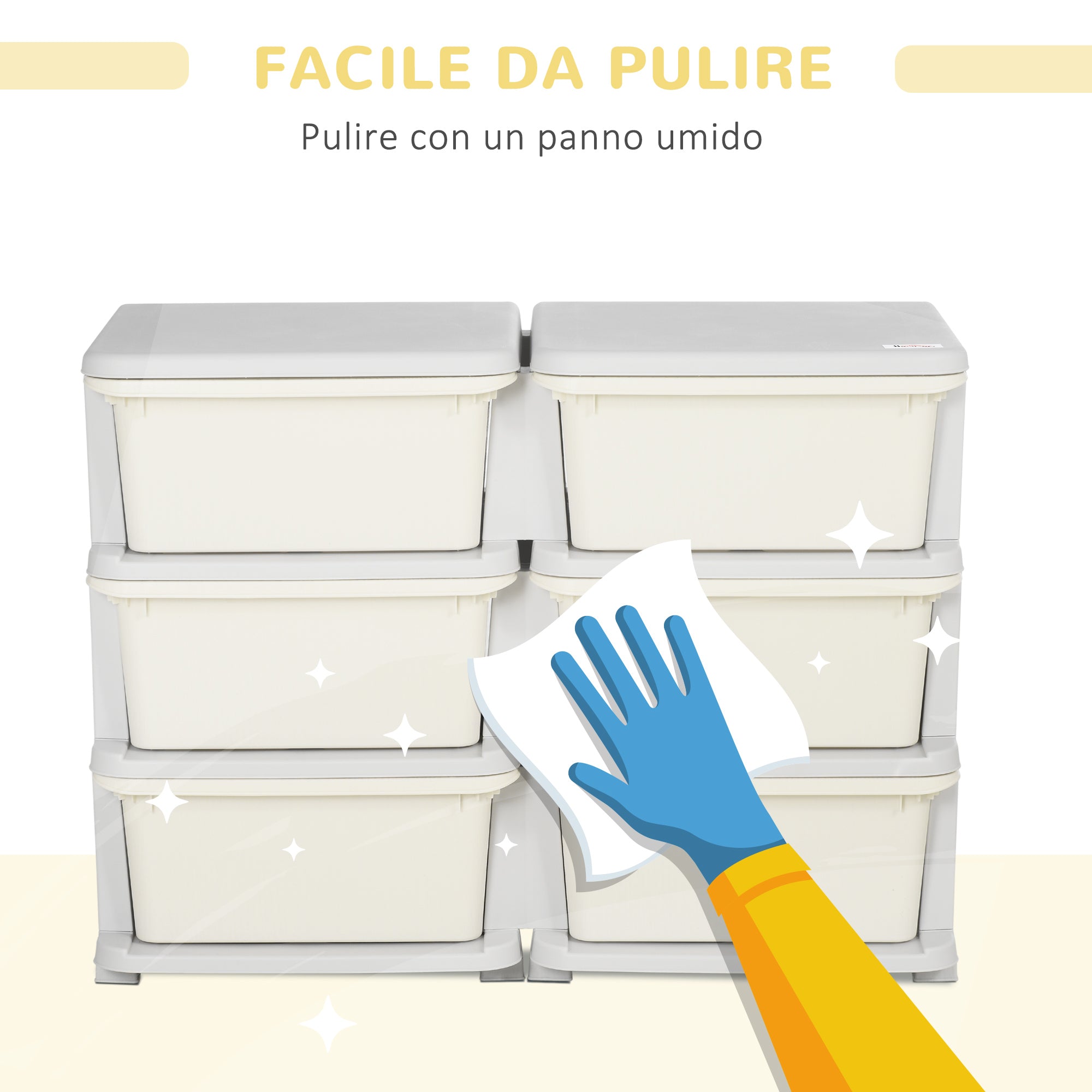 Cassettiera Portagiochi per Bambini 3-6 Anni 75x37x56.5 cm 6 Cassetti con Bordi Arrotondati in PP Bianco Crema