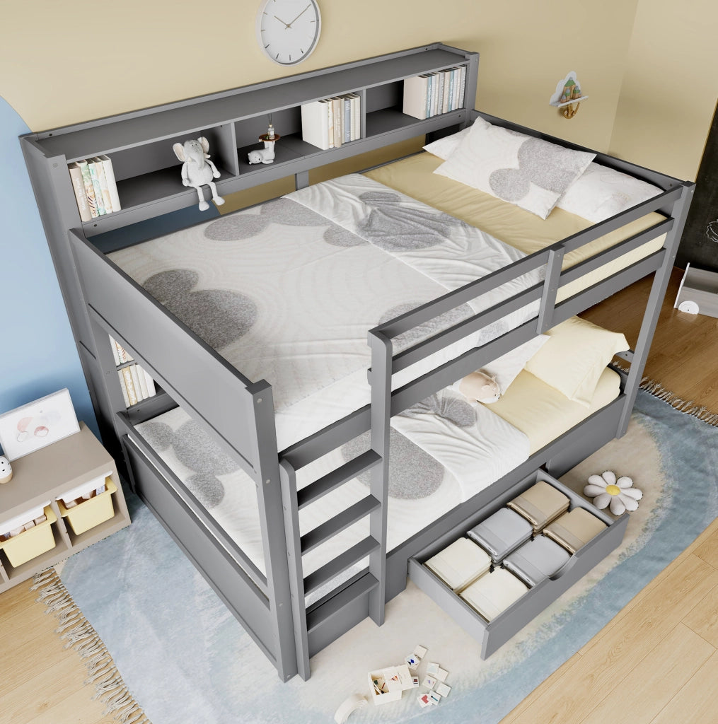 Letto a castello 90x200 cm con cassetto e vani portaoggetti; pino e MDF; grigio (Senza materasso)