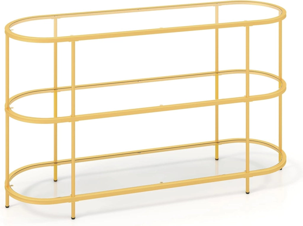 Tavolo consolle in vetro temperato con struttura metallica, scaffale a 3 livelli per TV fino a 65 pollici, 140 x 41 x 82 cm, tavolo da ingresso per soggiorno e camera da letto