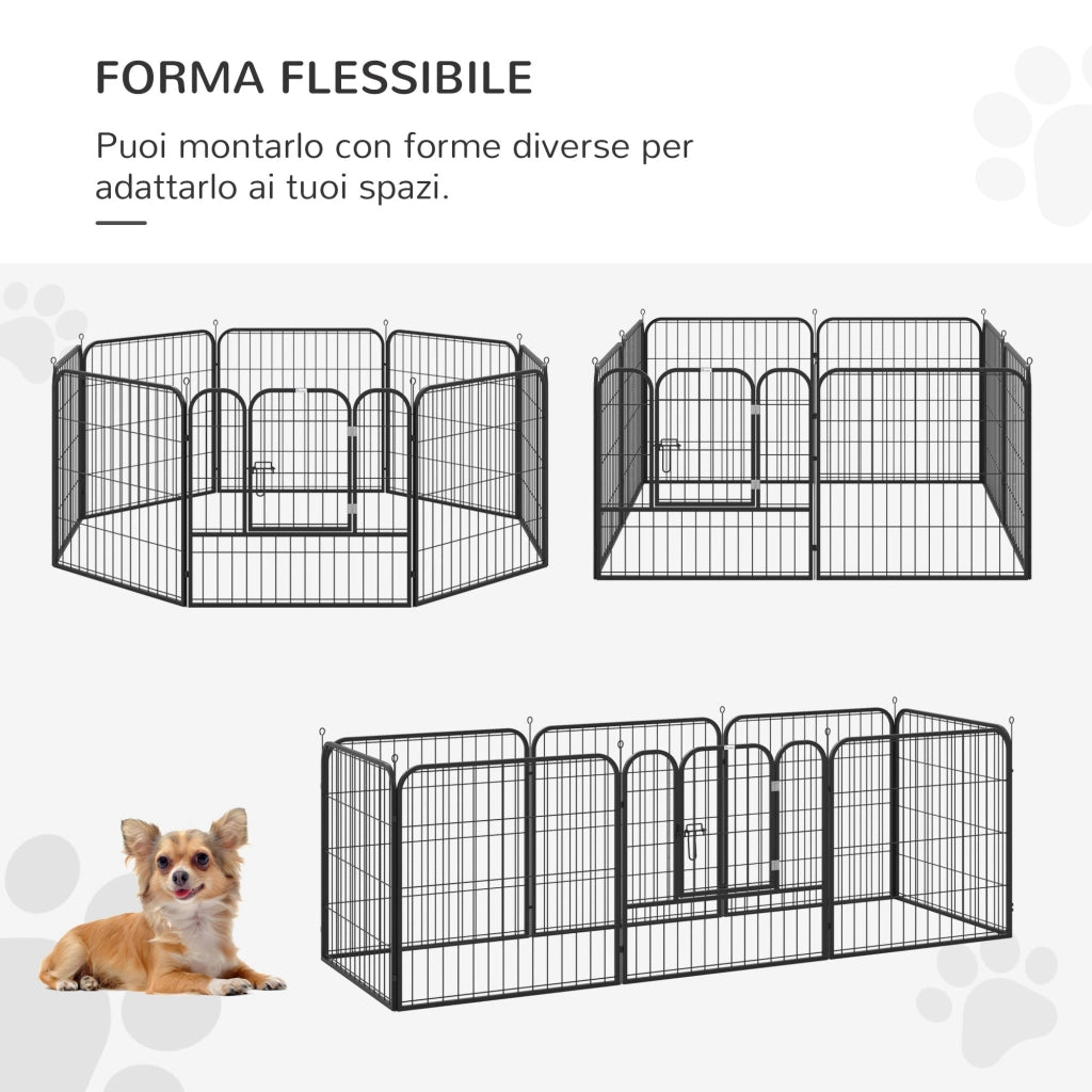 Recinto per Cani Modulare 8 Pannelli 79x79 cm in Acciaio e Metallo Nero