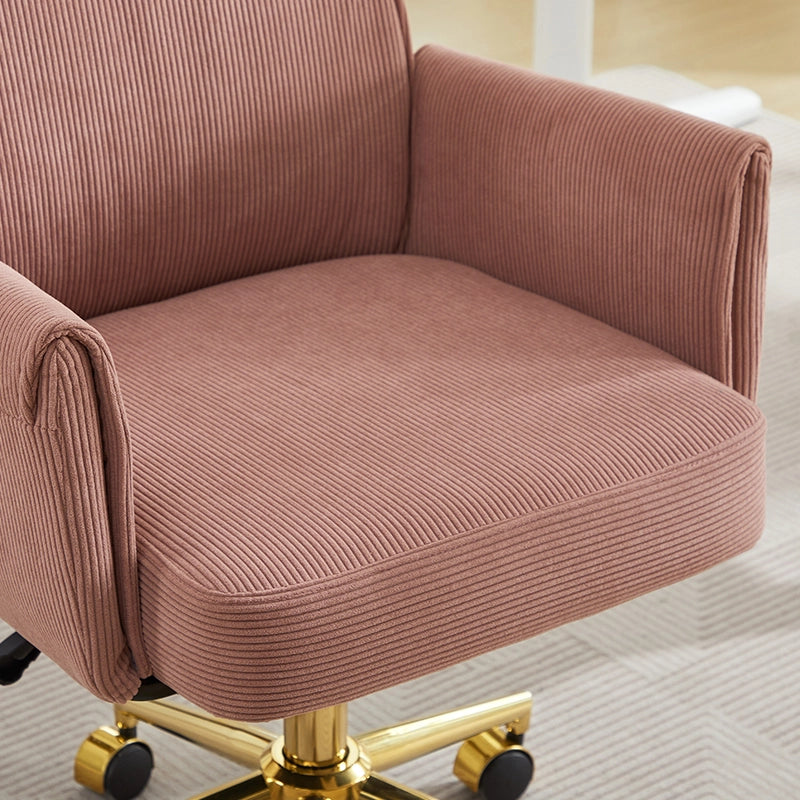 Sedia da ufficio girevole ergonomica con supporto lombare, base dorata e imbottitura in velluto a coste rosa