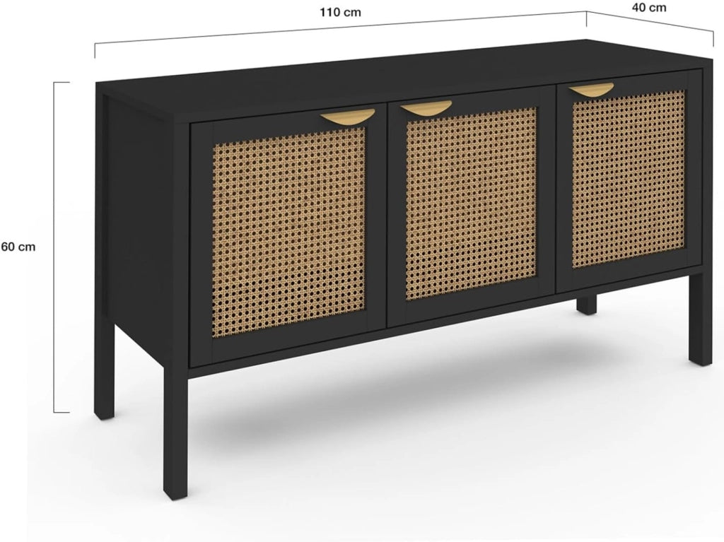 EDHEN 110 cm Credenza bassa a 3 ante in legno nero e canna da zucchero