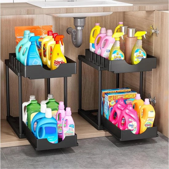 Organizzatore per armadi con cerniera - 2 livelli di ripostiglio per cucina - organizzatore per armadi con ganci - per cucina e bagno - nero