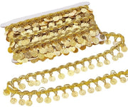 Pailletten a forma di moneta dorata - 10 metro di setole per decorare - frangetta a lama - cintura per danza del ventre - cinturino per il sedere - cucito DIY - 36 mm di larghezza