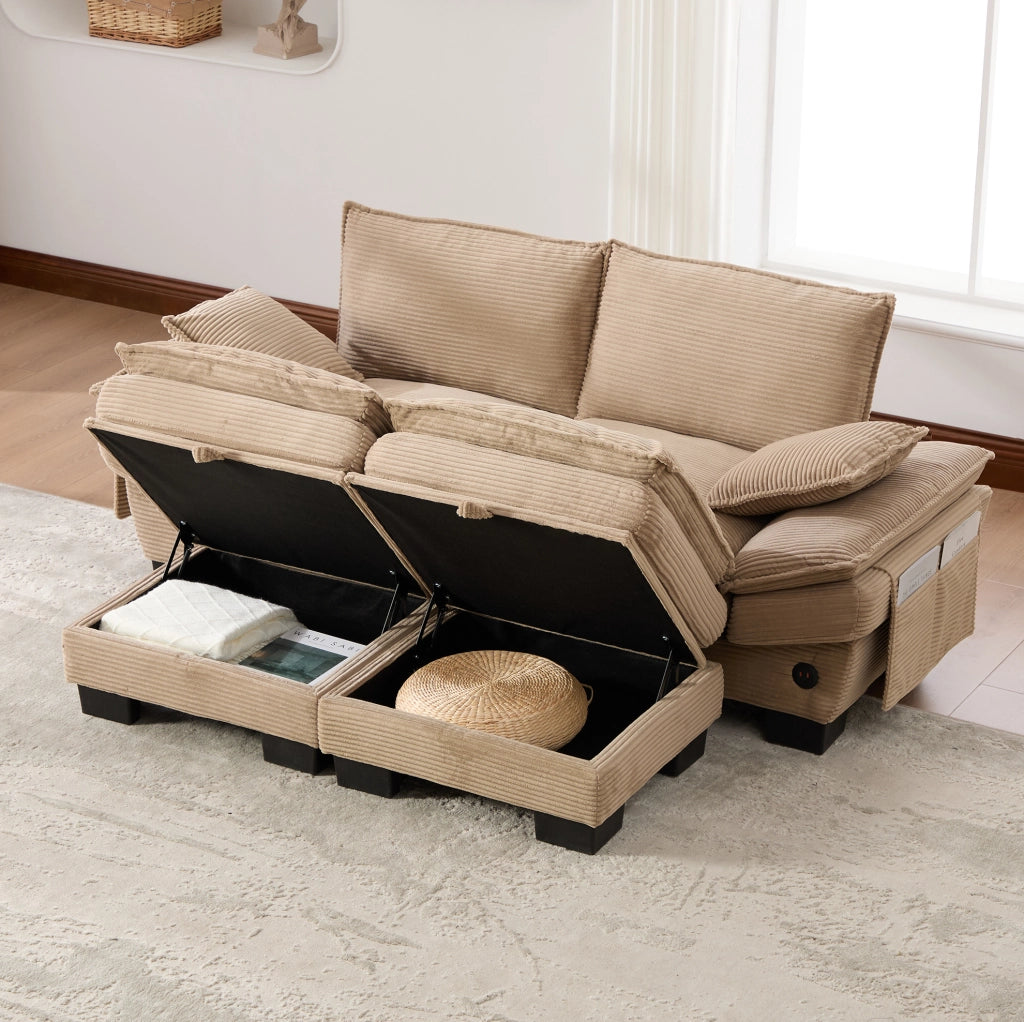 Divano modulare 2 posti in corduroy khaki con 2 pouf; porta USB-C e tasche laterali