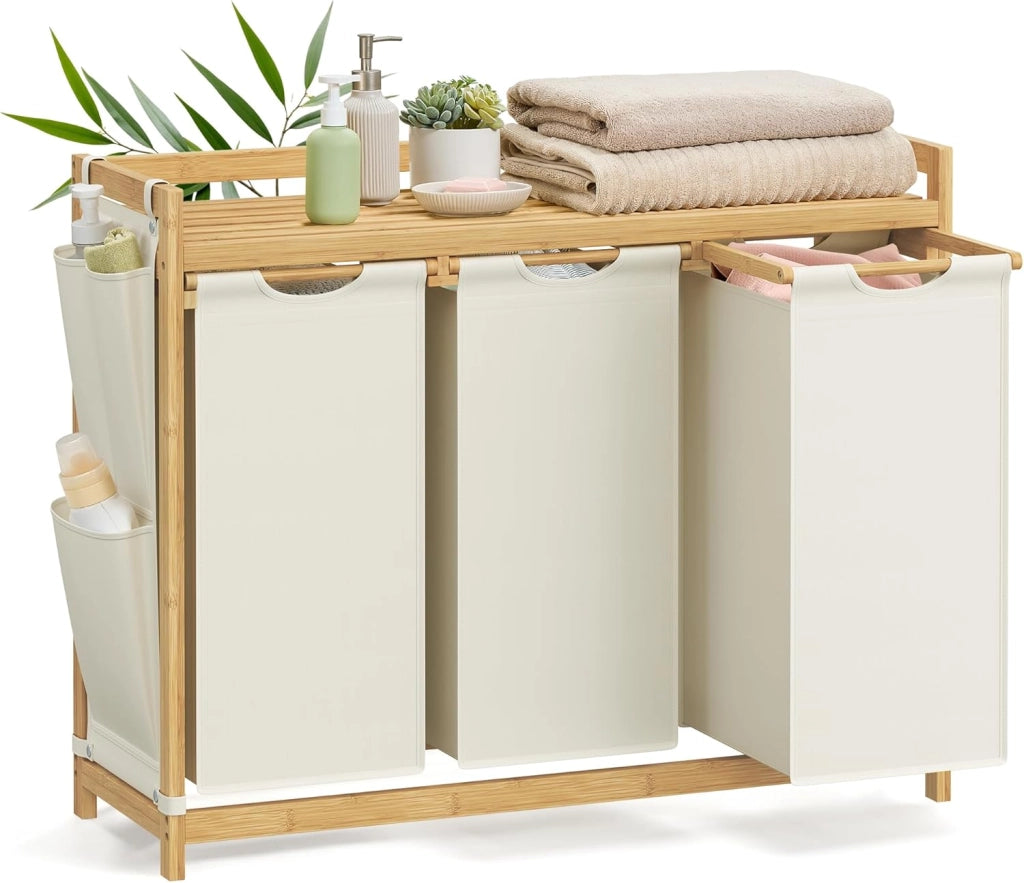 SONGMICS Cesto Portabiancheria a 2 Scomparti, Cesto Biancheria Sporca in Bambù 100 L, Porta Biancheria con Piano, Tasche Laterali, 2 x 50 L, 63 x 33 x 78 cm cm, Bianco Crema RLH100W01