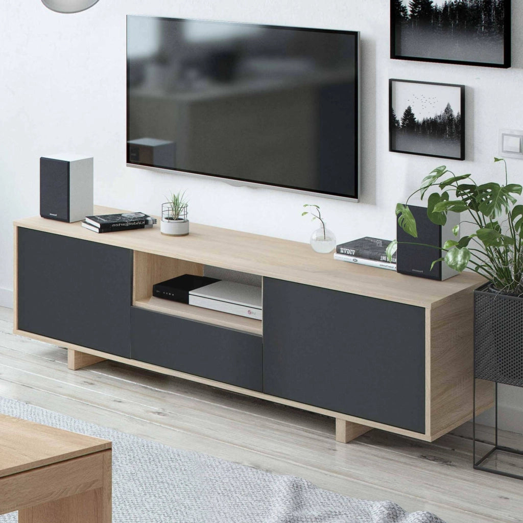 Mobile porta TV Andalusia, Credenza per televisione da soggiorno, Supporto TV a 3 ante, Credenza bassa da salotto, cm 150x41h46, Rovere