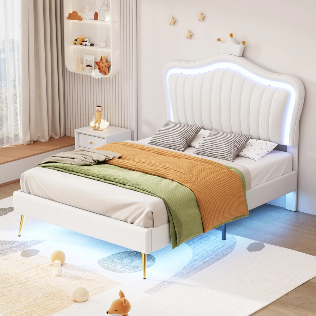Letto per Bambini 90 x 200 cm e 140 x 200 cm; con LED e Testiera Regolabile; senza Materasso; Bianco