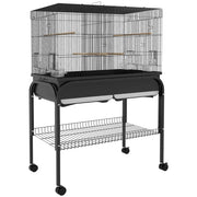 Voliera Gabbia per Uccelli da Interno 85x49x119 cm con Vassoio Ripiano e Ruote con Freno Nero
