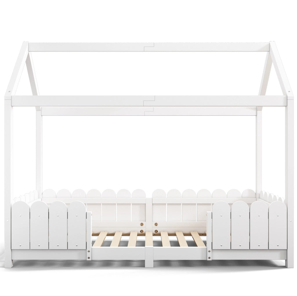 Letto a casetta per bambini 90x200 cm con sponde di sicurezza e rete a doghe; legno bianco