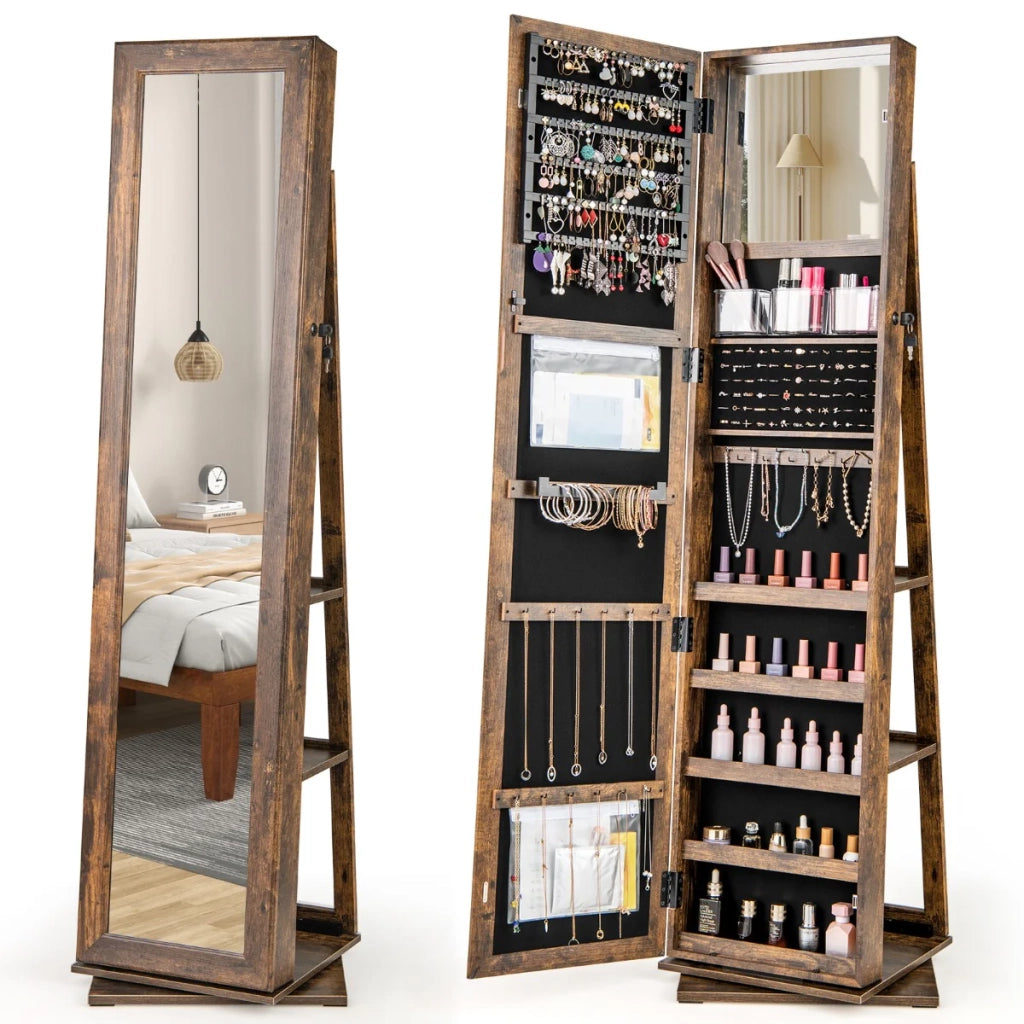 Mobiletto portagioie girevole a 360° con specchio 43 x 38 x 159 cm ampio spazio di archiviazione stile moderno e rustico MDF marrone 20_0010350