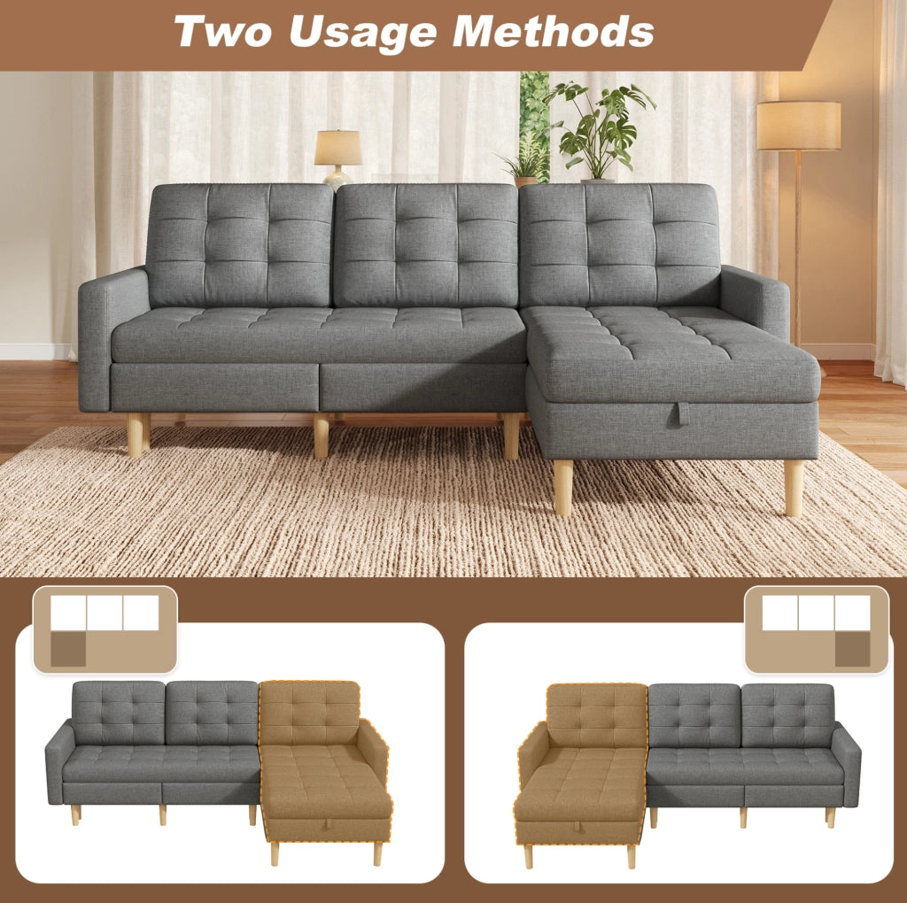 Divano angolare reversibile grigio con vano contenitore, 212×130×86 cm