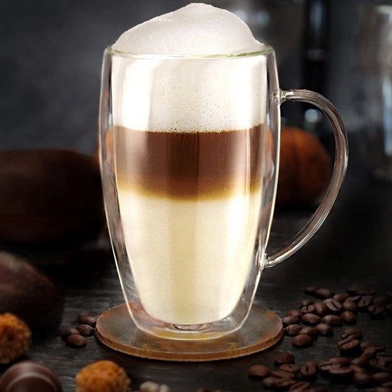 Tazza da caffè, bicchiere da caffè, doppio strato, vetro termico, con manico, grande, di vetro borosilicato, 6 x 400 ml