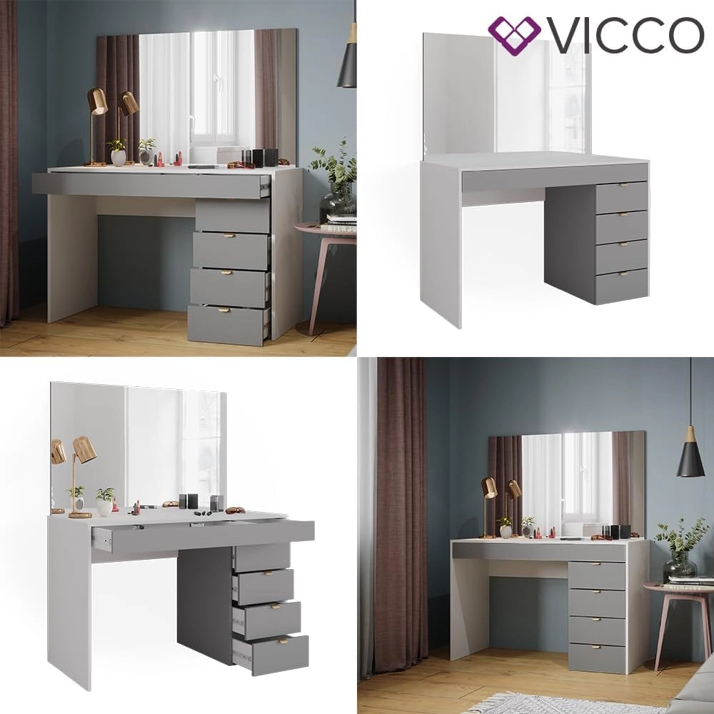 Tavolo da toeletta Elise, Bianco/grigio/grigio, 115 cm con specchio, con specchio fisso integrato per l’uso quotidiano