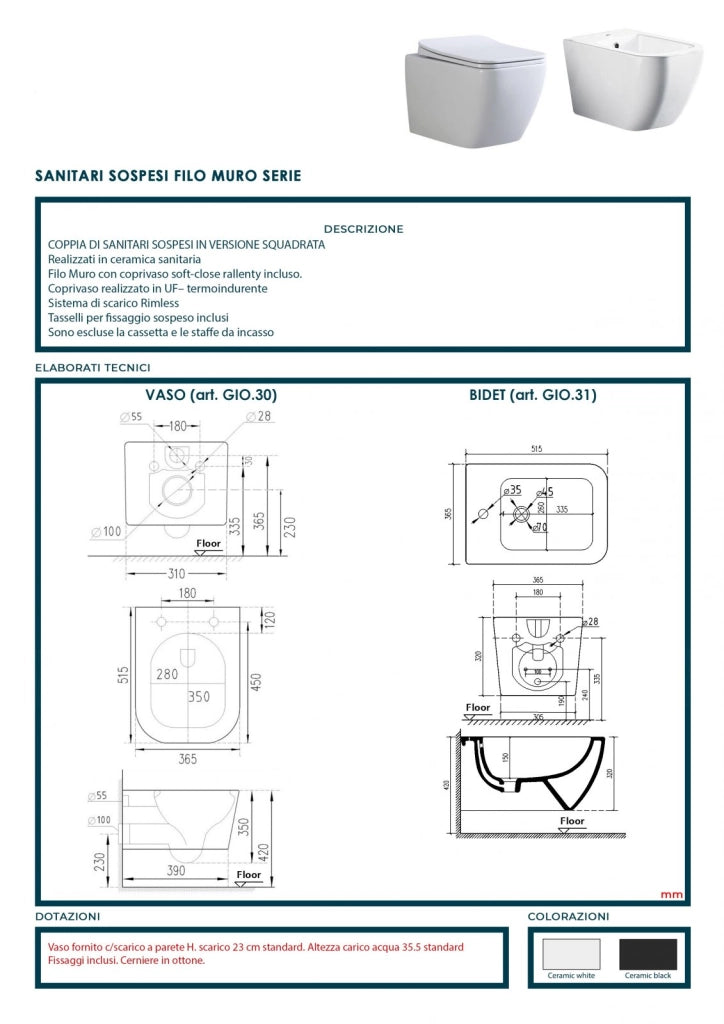 Coppia di sanitari wc e bidet sospesi ceramica nera SICENA SQUARED