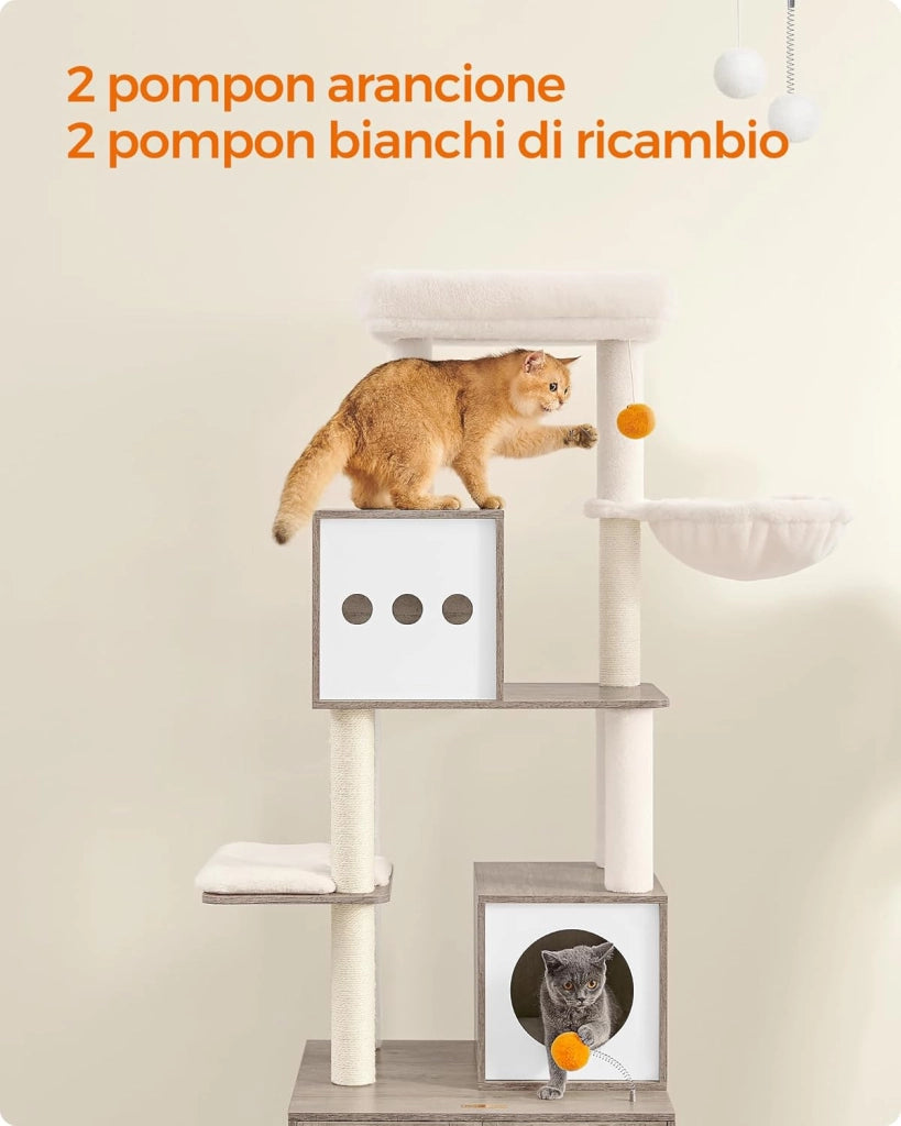 Feandrea Albero per Gatti Moderno, Tiragraffi con Mobile per Lettiera, 185 cm, Condominio per Gatti, Graffiatoi, Trespolo, Cuscini Lavabili, Greige PCT116G01