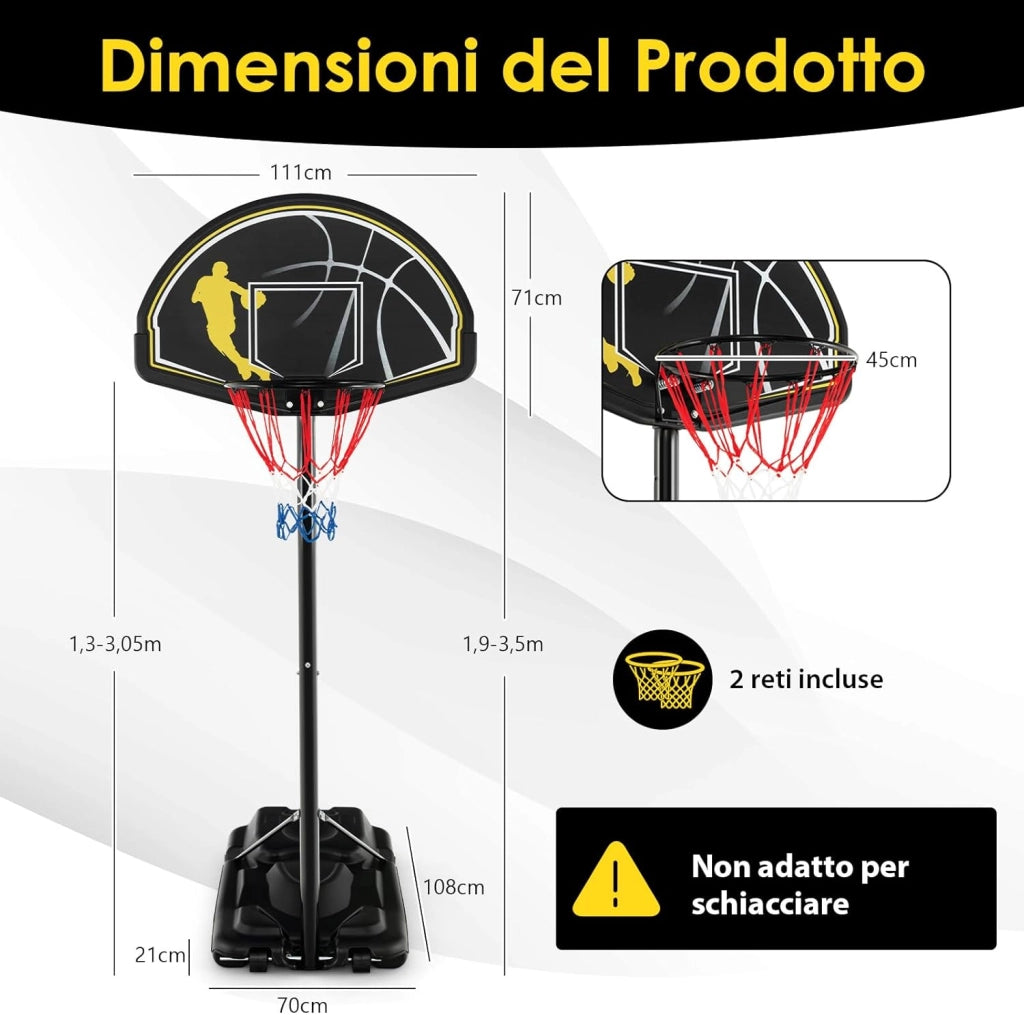 Canestro da Basket Portatile e Regolabile 130-305 cm con Ruote e Base Riempibile, Canestro da Basket Resistente alle Intemperie da Esterno ed Interno per Ragazzi e Adulti