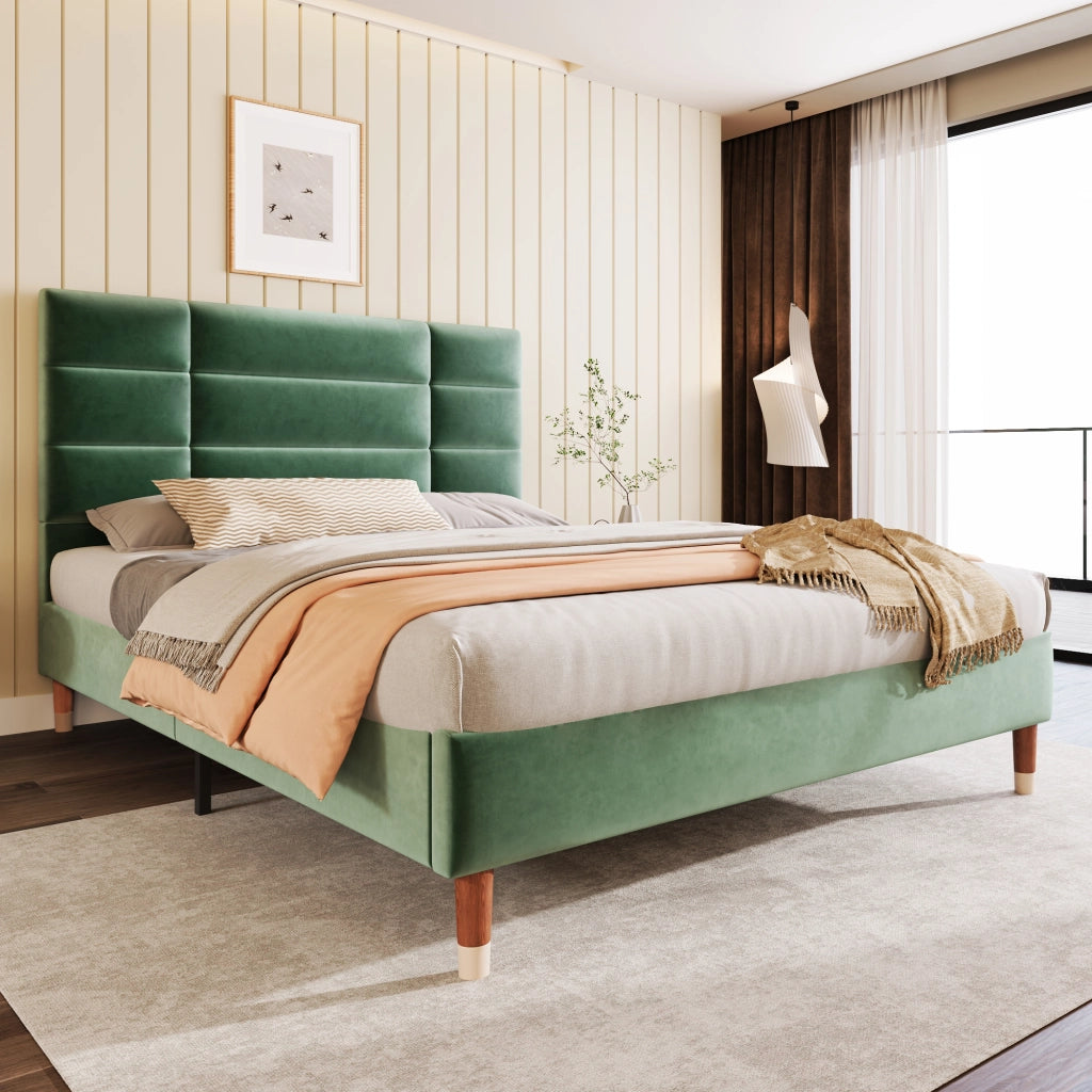 Letto Matrimoniale 140×200 cm; Letto Imbottito in Velluto con Testiera Trapuntata e Spazio Sottoletto; senza Materasso; Verde