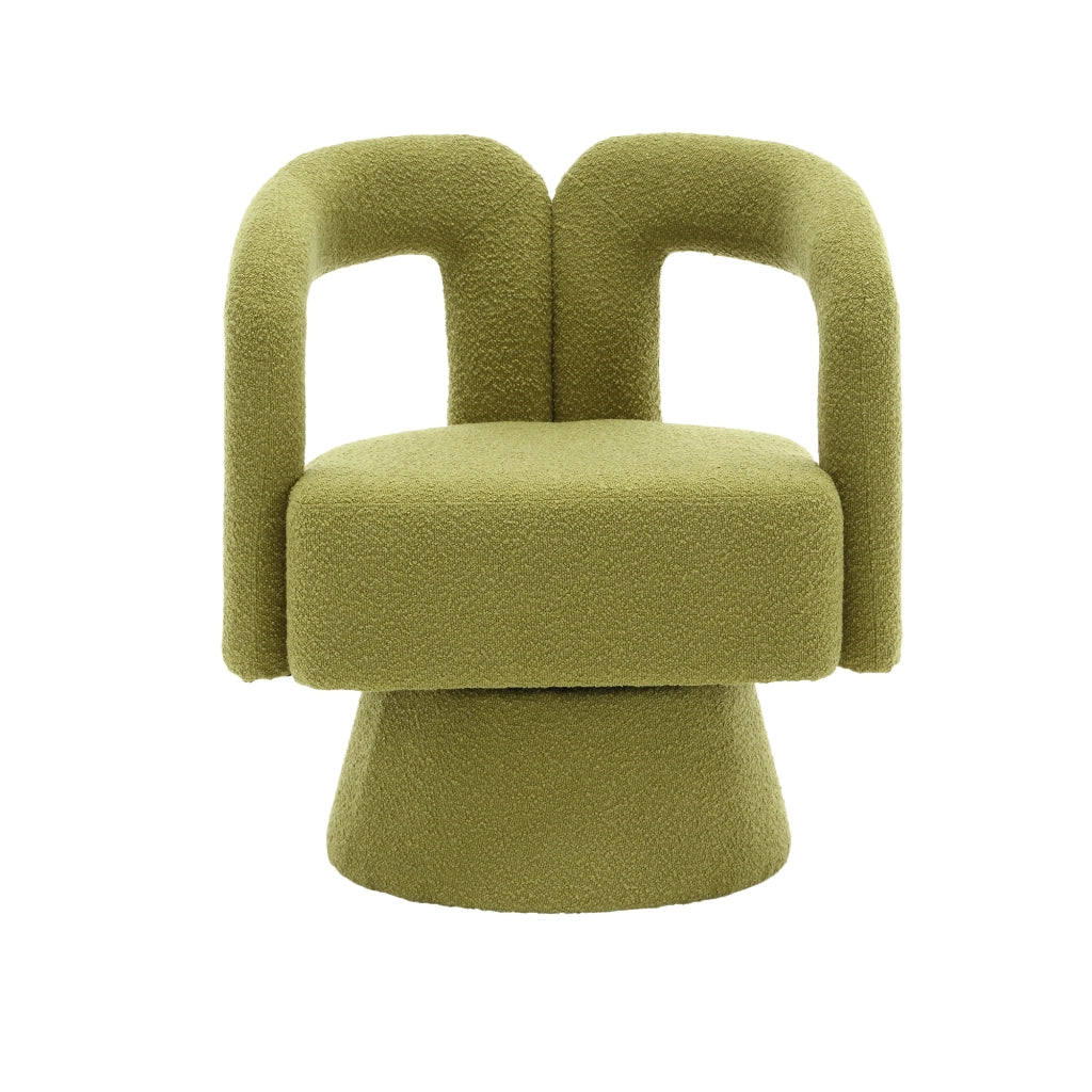 Poltrona Girevole a 360° con Schienale Arrotondato e Braccioli Integrati; in Bouclé; Verde Oliva
