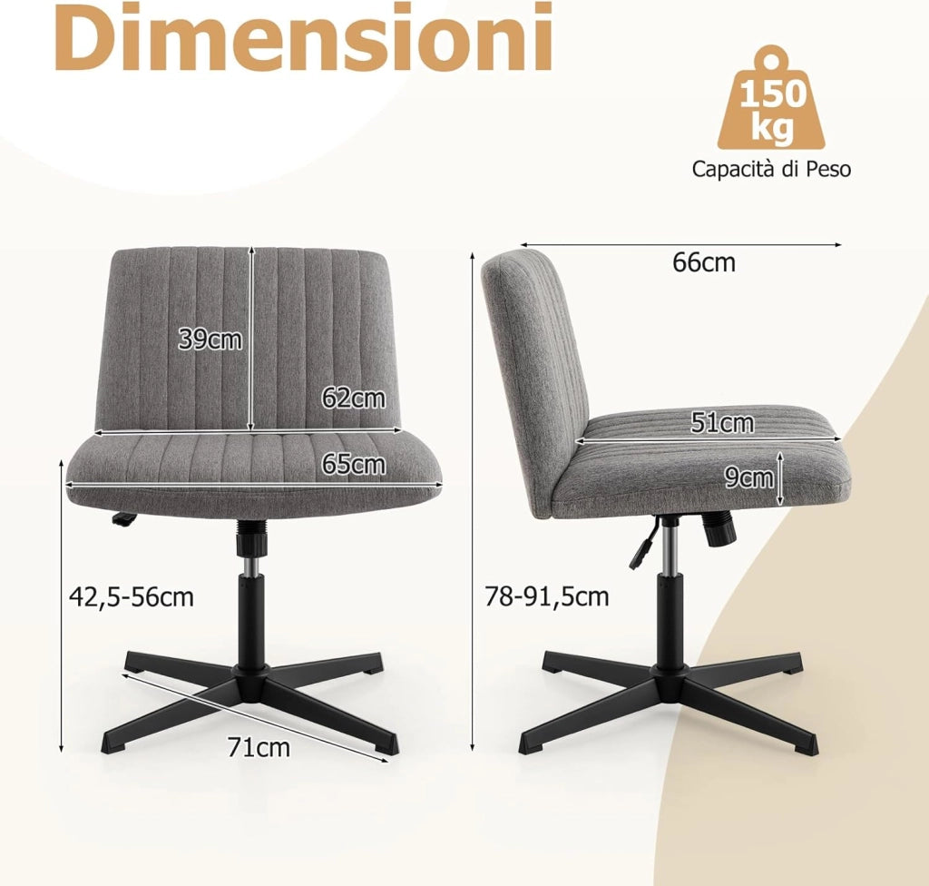 Sedia Ufficio Senza Ruote, Sedia da Scrivania con Sedile Imbottito, con Funzione a Dondolo 100°-120°, Girevole 360°, Altezza Regolabile, Sedia Ergonomica Portata 150 kg (Grigio)