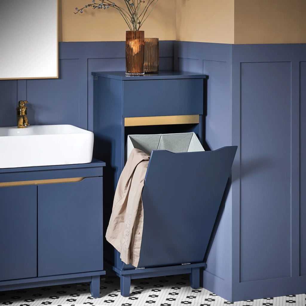 Mobile Lavanderia Con Sacco Portabiancheria Pieghevole Cesto Portabiancheria Mobile Bagno Blu, 40x40x96cm, BZR114-B SoBuy