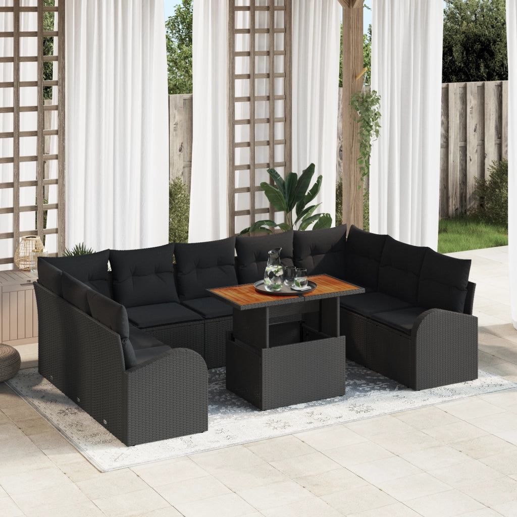 Set Divano Giardino da 10 Pezzi con Cuscini Nero Polyrattan