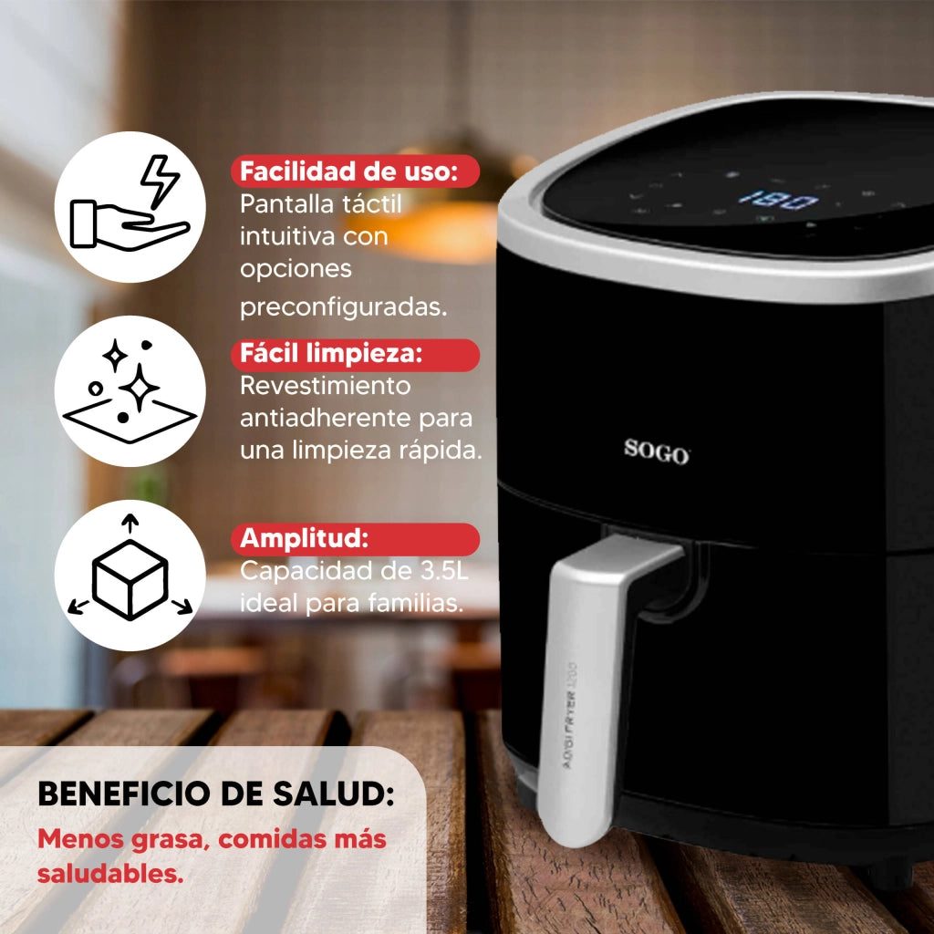 Friggitrice ad aria 3,5L con 8 programmi, temperatura 80-200°C e timer 60 min 1200W con display touch e ricettario - Sogo