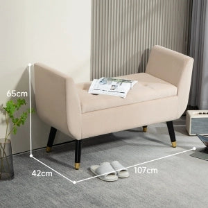 Panca contenitore con seduta imbottita e vano portaoggetti in poliestere e legno di caucciù beige 107 × 42 × 65 cm