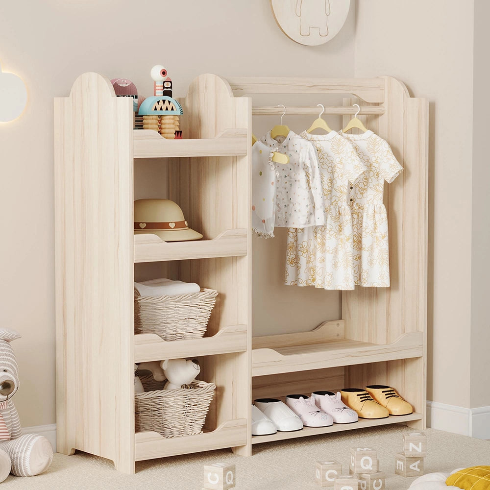 Armadio guardaroba bambino 110x39x110 cm - Xylo - in legno naturale, con appendiabiti e 4 ripiani