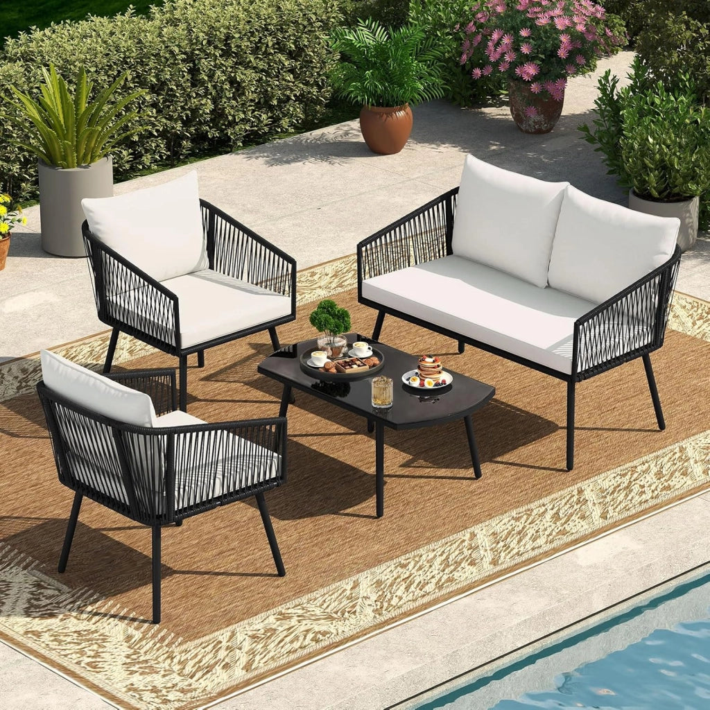Set di mobili da giardino 4 pezzi, 1 divano, 2 poltrone e 1 tavolino da salotto con cuscini, tavolo con piano in vetro temperato, set di conversazione per patio, balcone