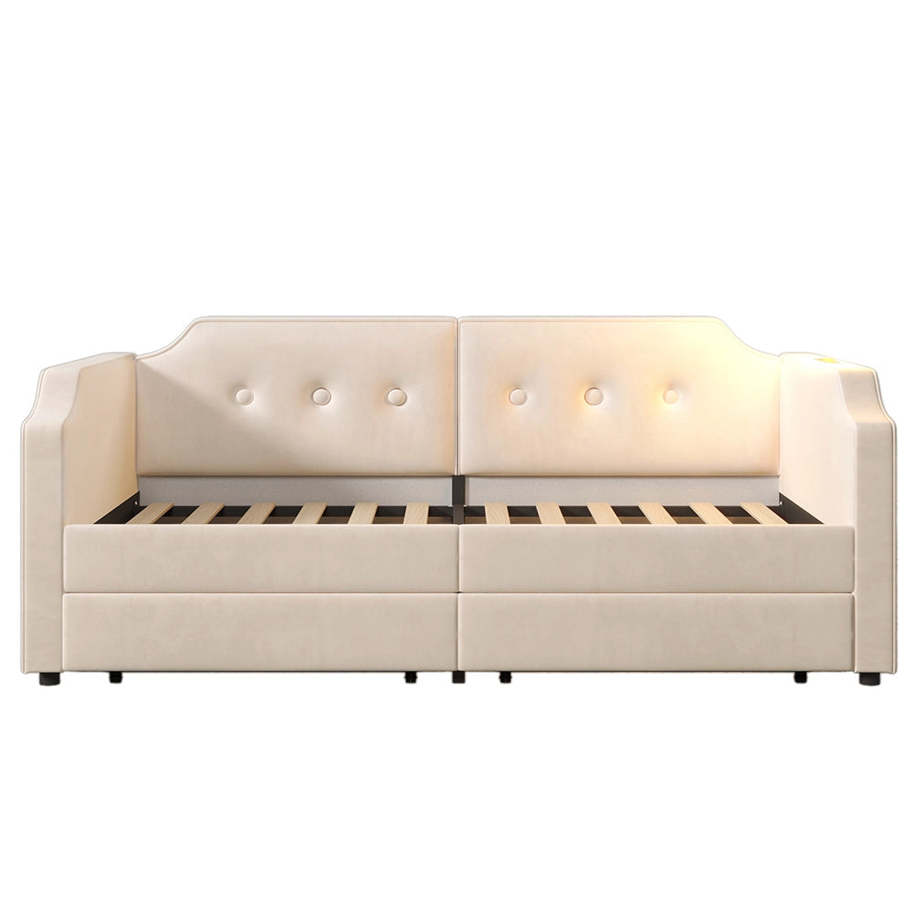 Letto a panca - Xylo - 90x200 cm - Beige - 2 cassetti, luce USB Type-C