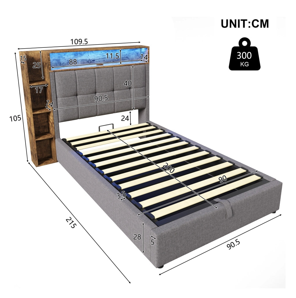 Letto imbottito 90x200 cm con USB; LED e contenitore in lino e MDF grigio
