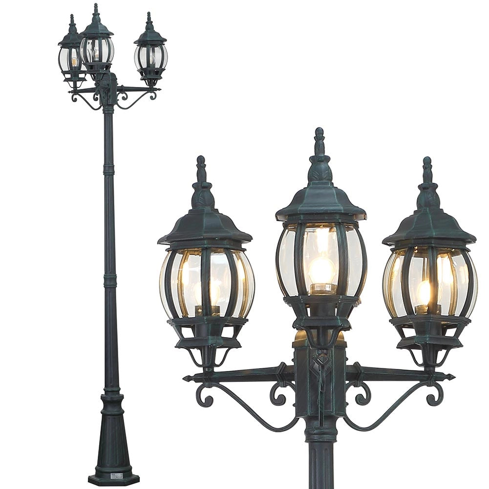 Lampione da Giardino 56x56 H 202 cm Stile Vittoriano Classico 3 x E27 Verde Bronzo