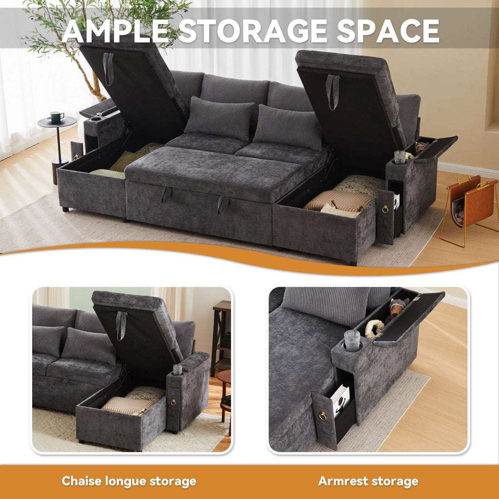 Divano a U convertibile con contenitore e portabicchieri, in ciniglia e velluto a coste grigio 272 × 131 × 84 cm