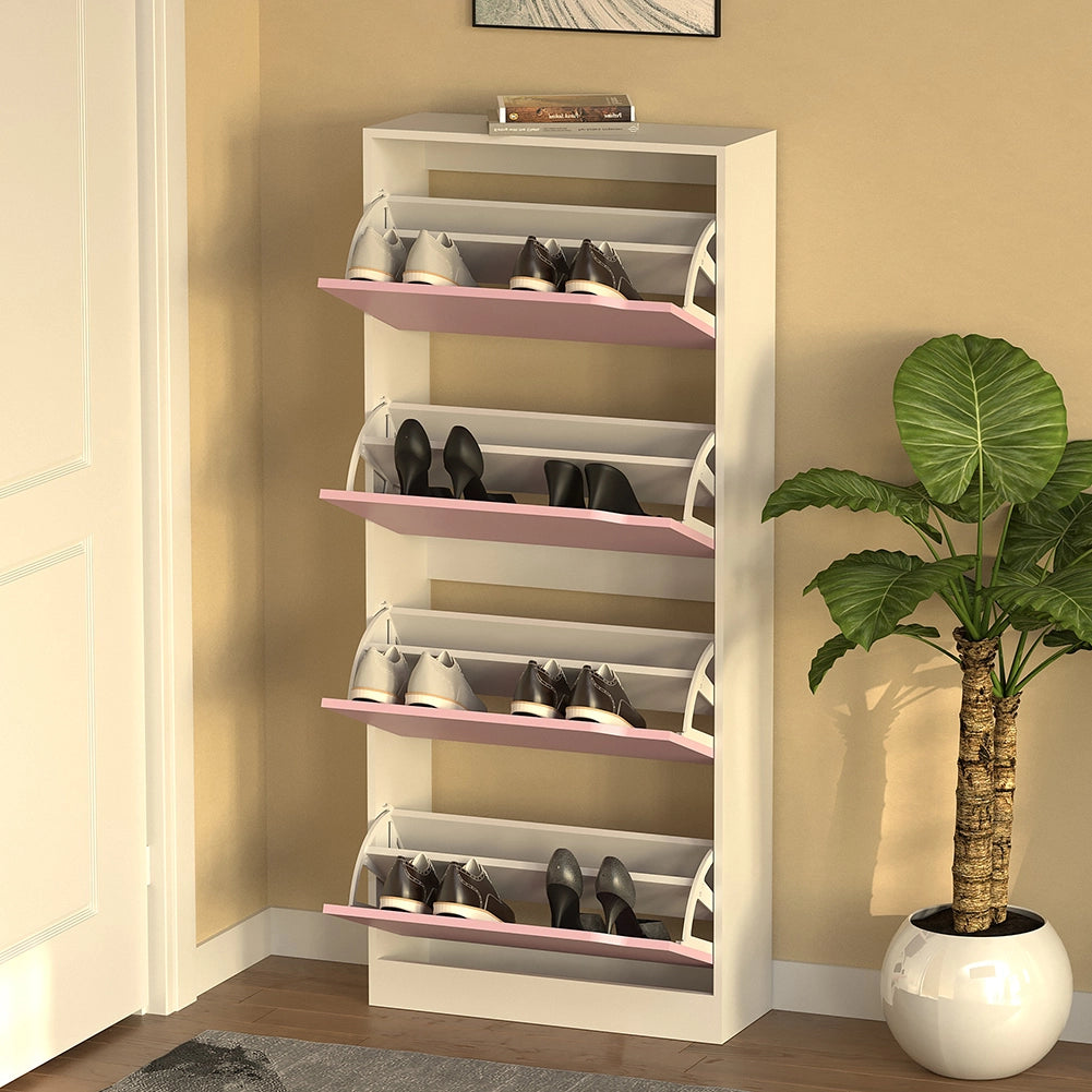 Scarpiera 4 Ante 63x24x150 cm Ripiani Doppia Profondità in MDF Bianco e Rosa