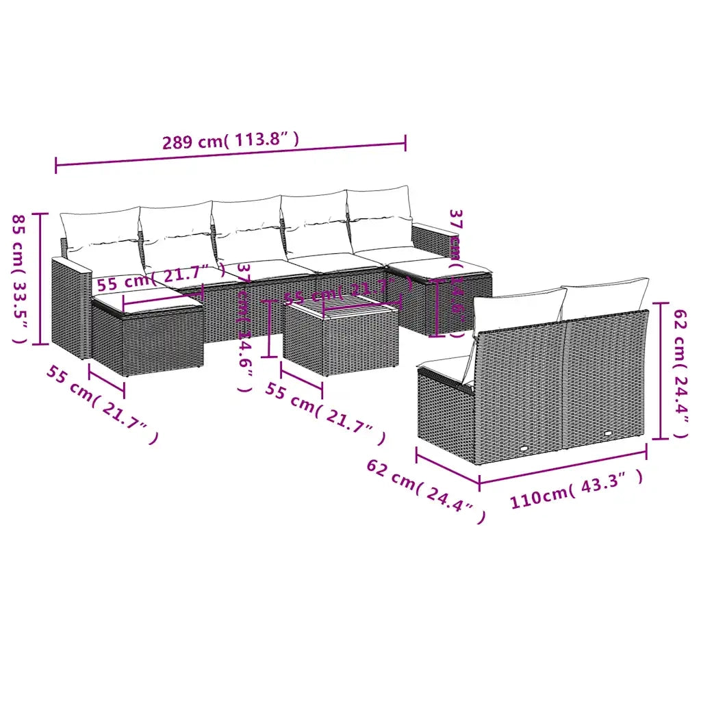 Set Divani da Giardino 10 pz con Cuscini Grigio in Polyrattan 3226411