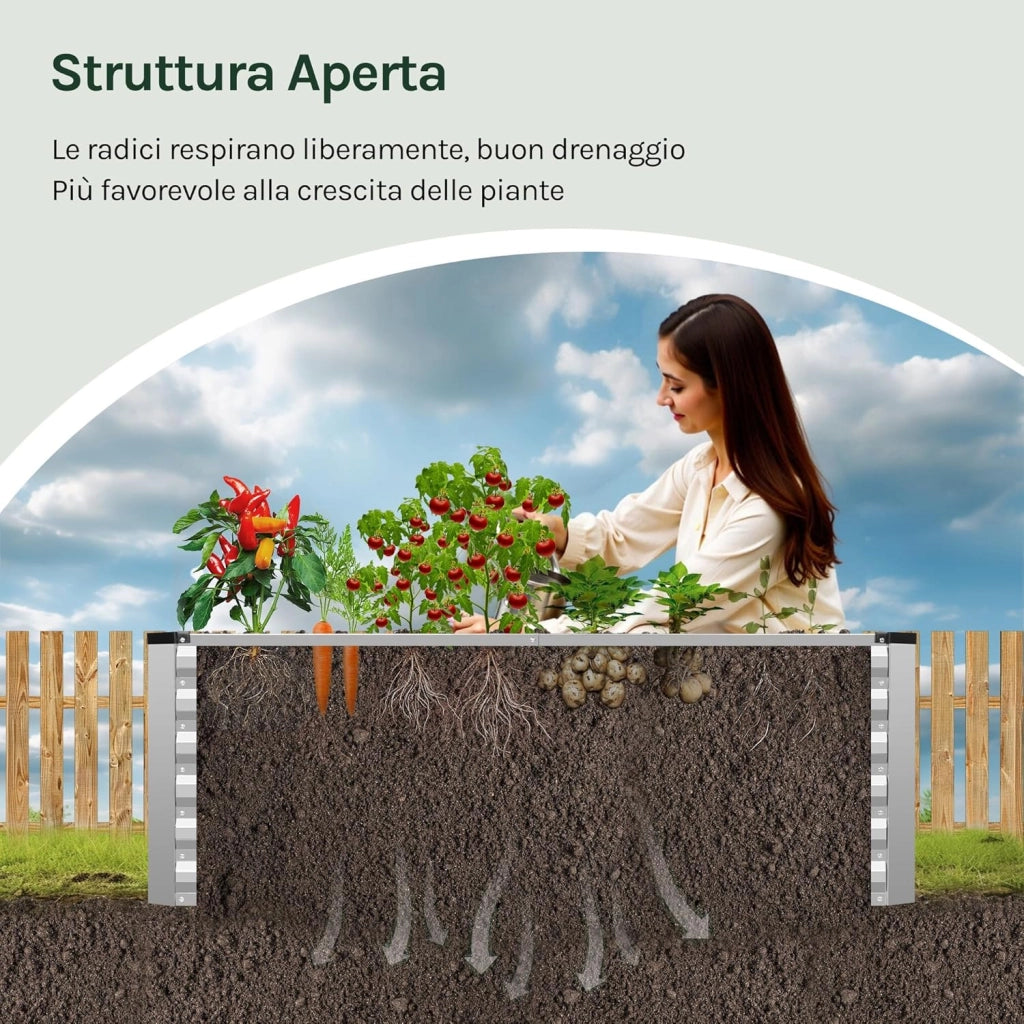 Orto Urbano in Metallo, Fioriera Esterno per Verdure, Frutta e Fiori, Bancal Orto per Giardino, Patio e Terrazza, 160 x 80 x 56 cm, Argento