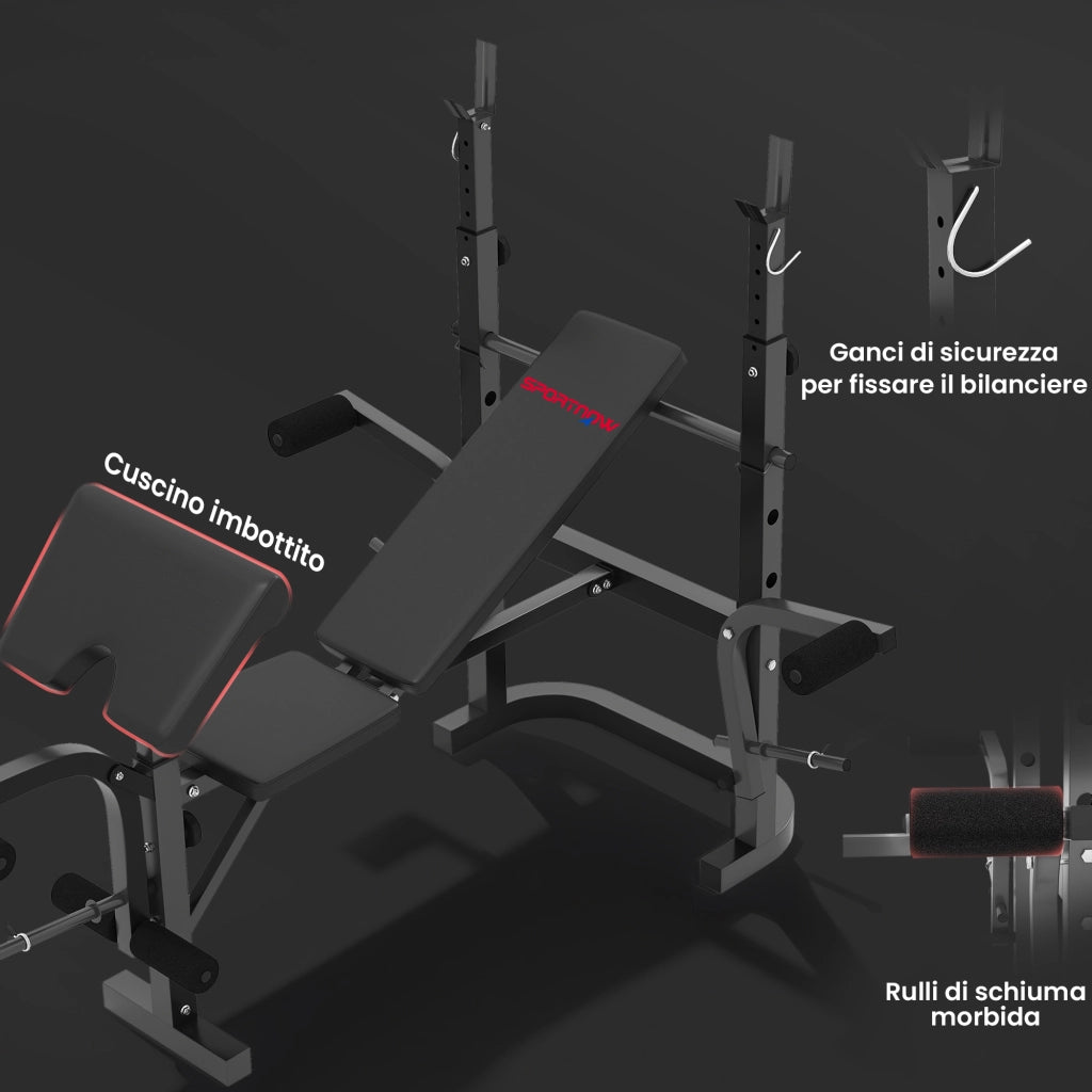 Panca Palestra Multifunzione Regolabile con Rack Bilanciere con Leg Extension Low Row Arm Curl Nero
