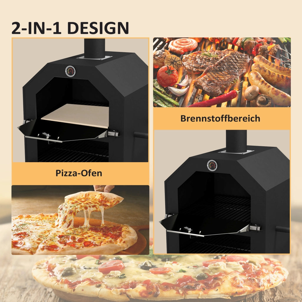 Forno Pizza 2 in 1 per Esterno ¨C zephmum ¨C Griglia, Piatto in Pietra, Nero, Acciaio Inox
