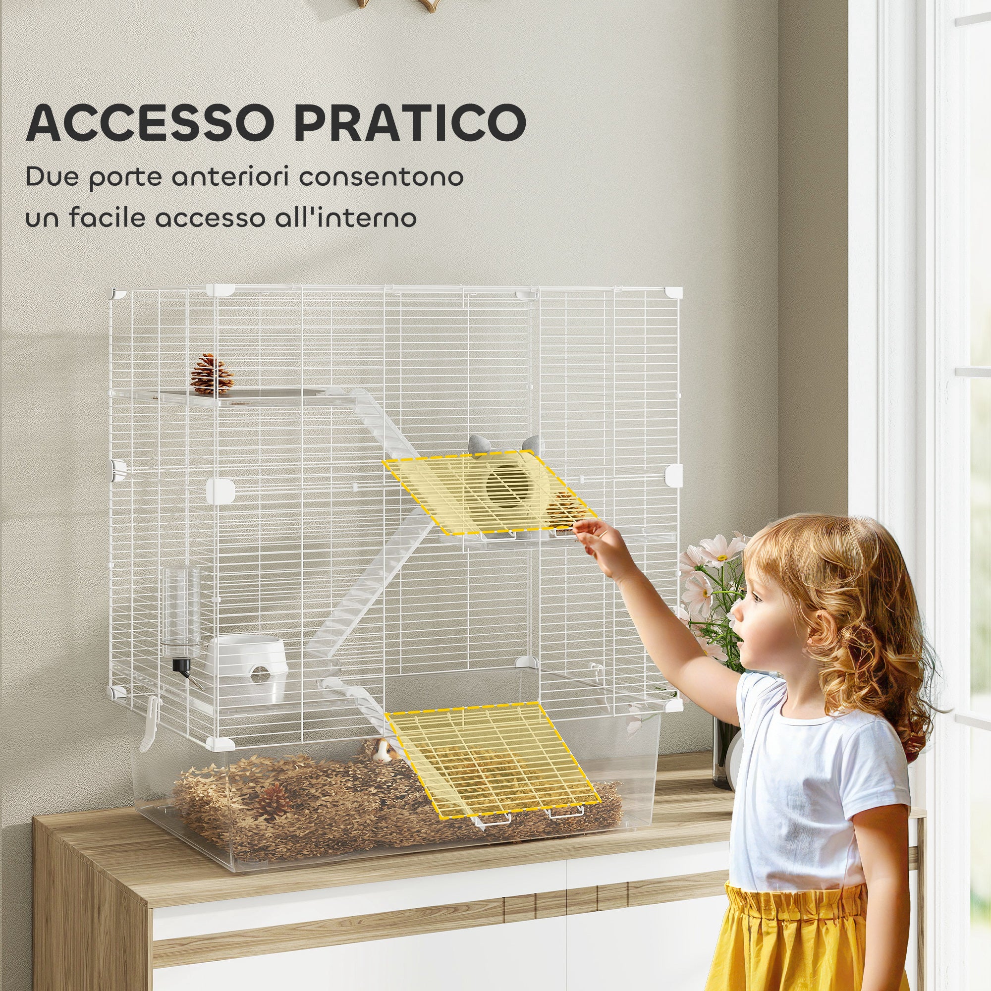 Gabbia per Roditori 73x47x80 cm Multilivello con Accessori Inclusi in Acciaio e PET Bianco