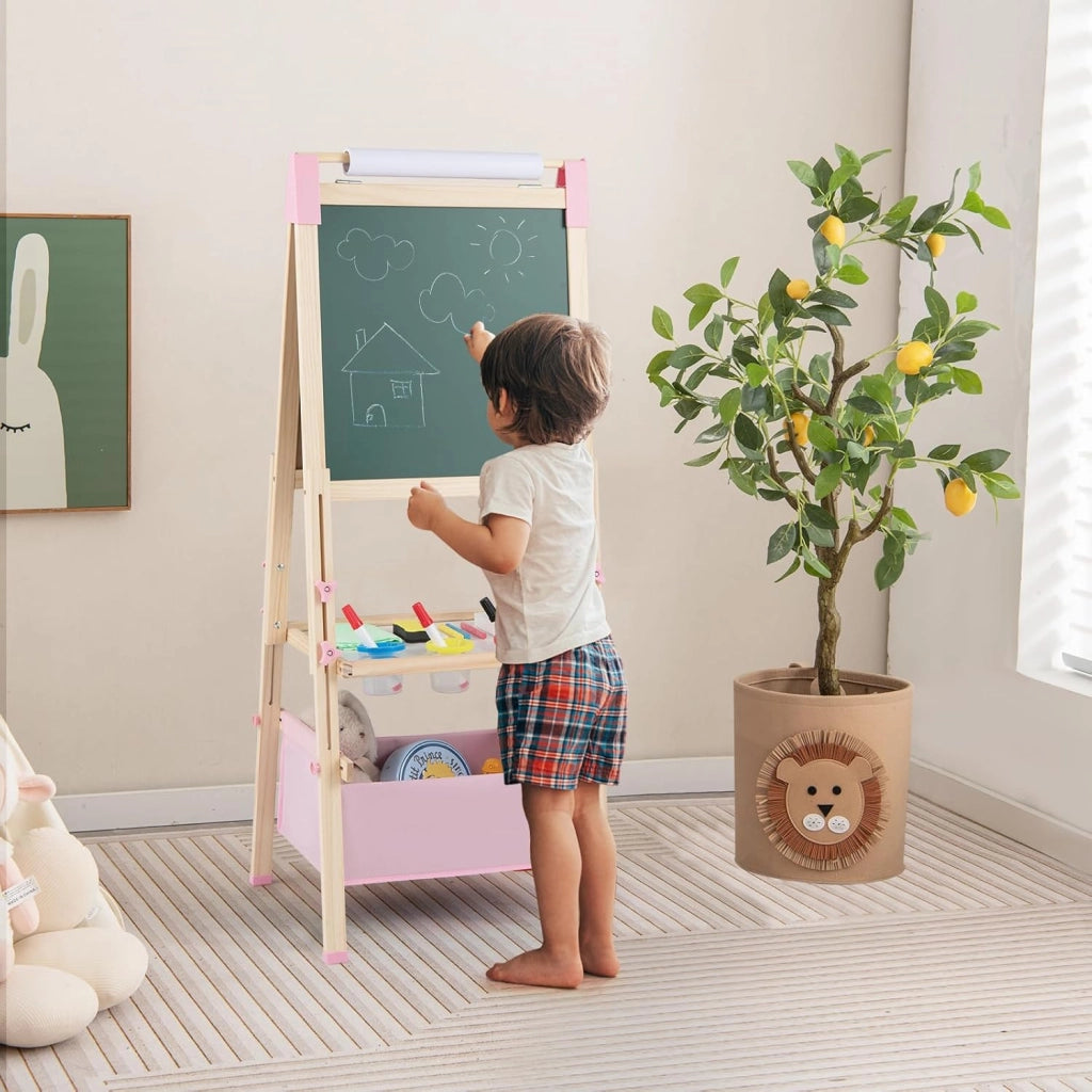 Cavalletto per Bambini Regolabile in Altezza in Legno, Cavalletto a Doppio Lato con Lavagna Magnetica e Bianca, con Scatola, Magneti con Lettere e Numeri, per Bambini 3-8 Anni (Rosa)
