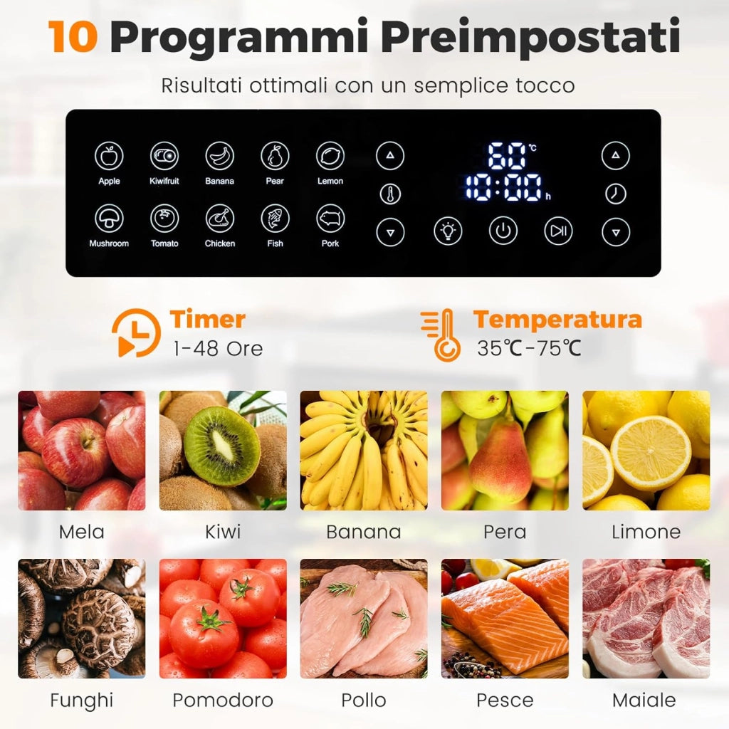 Essiccatore Alimentare con 8 Vassoi in Acciaio Inox, 850W Disidratatore Alimentare on Timer 48 Ore, Controllo Temperatura 35℃-75℃, per Frutta, Verdura e Carne