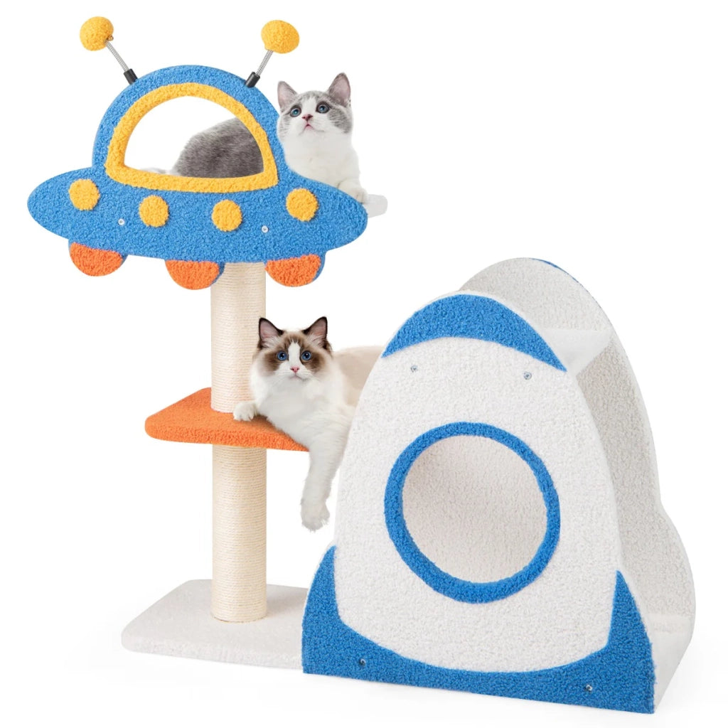 Tiragraffi a 4 livelli 80 x 33 x 87 cm UFO perch condo rocket atmosfera giocosa in compensato blu bianco giallo e arancione 20_0010142