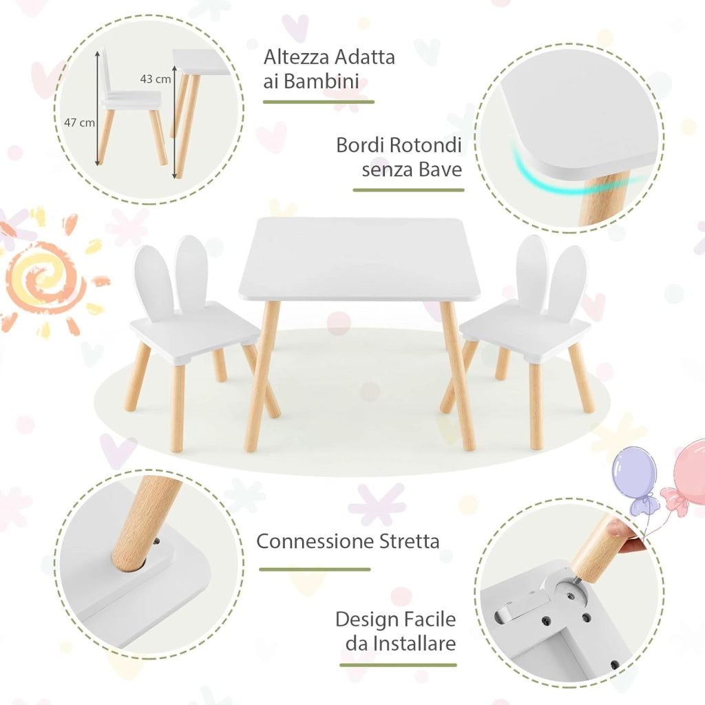 Set Tavolo e 2 Sedie per Bambini 3-6 Anni, Sedie Ergonomiche in Legno con Schienali a Forma di Orecchie di Coniglio, Portata 40kg, Salvaspazio, Ideale per Gioco e Disegno (Bianco)
