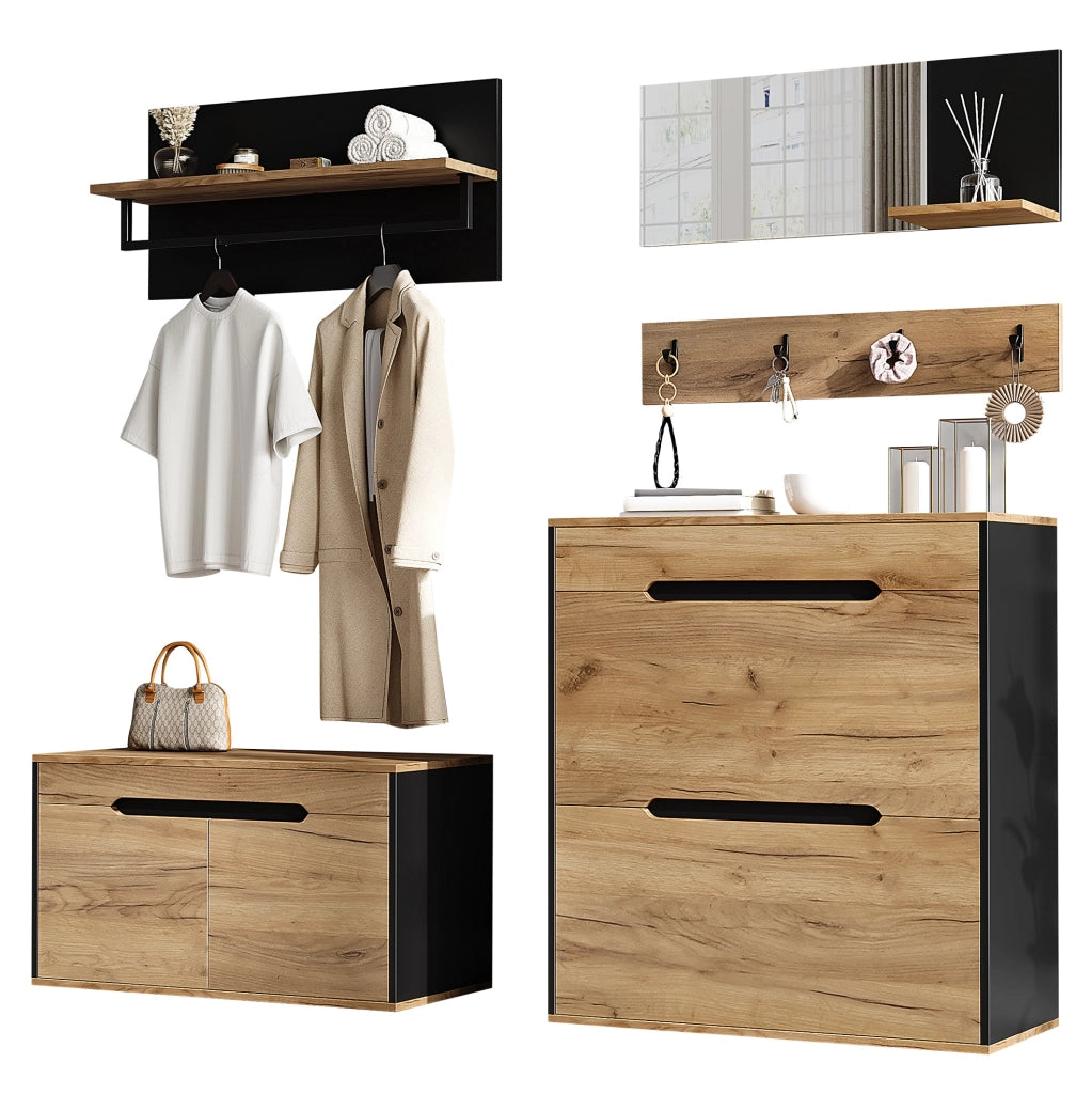 Set ingresso modulare 156x36x176 cm con specchio; scarpiera ribaltabile; 4 ganci; naturale e nero