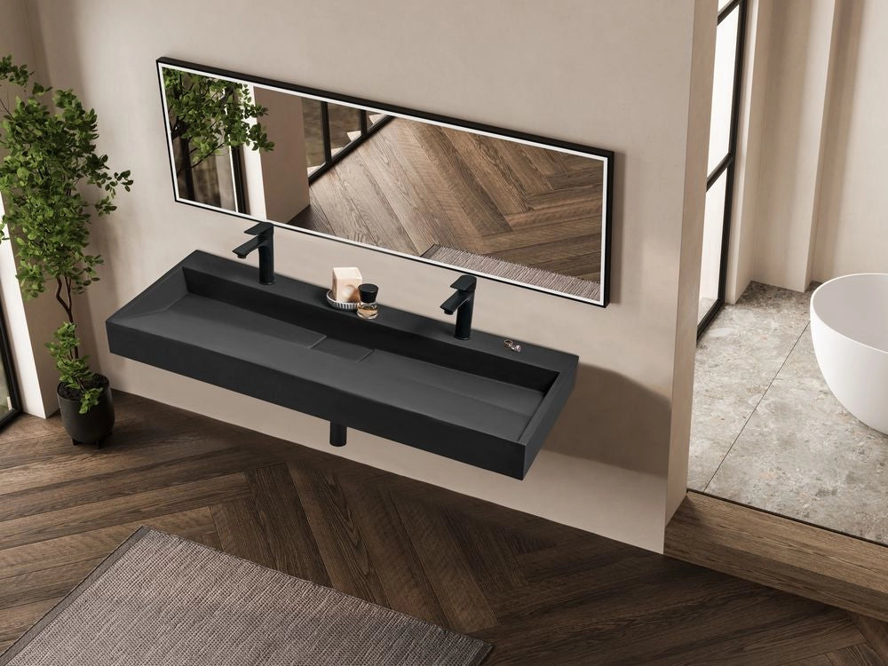 Lavabo doppio bagno classico rettangolare in ceramica finitura lucida 120 x 46 cm nero Lavello da bagno rettangolare