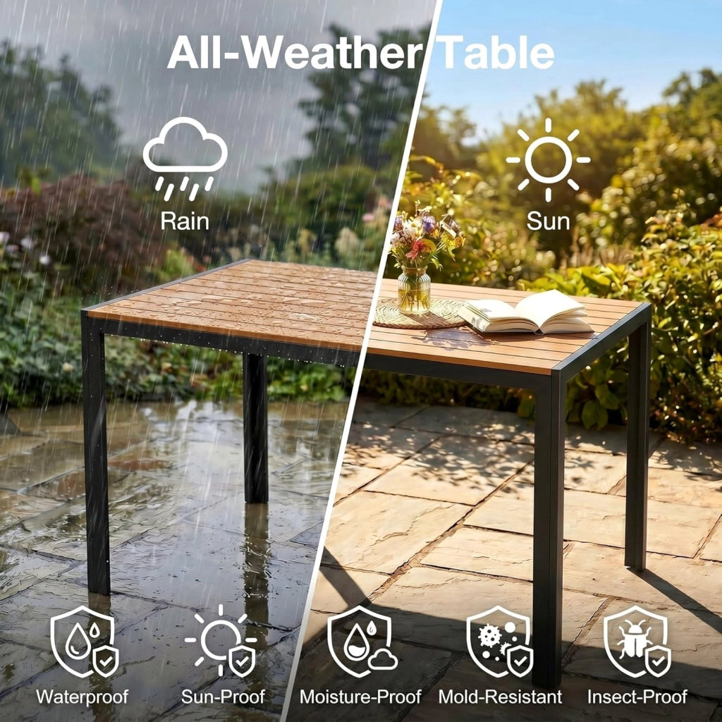 Tavolo da Giardino Moderno in WPC 110 x 70 cm, Tavolo da Pranzo per Esterno per 4-6 Persone, Tavolo da Balcone Salvaspazio in Alluminio, Design Effetto Legno,Marrone Teak