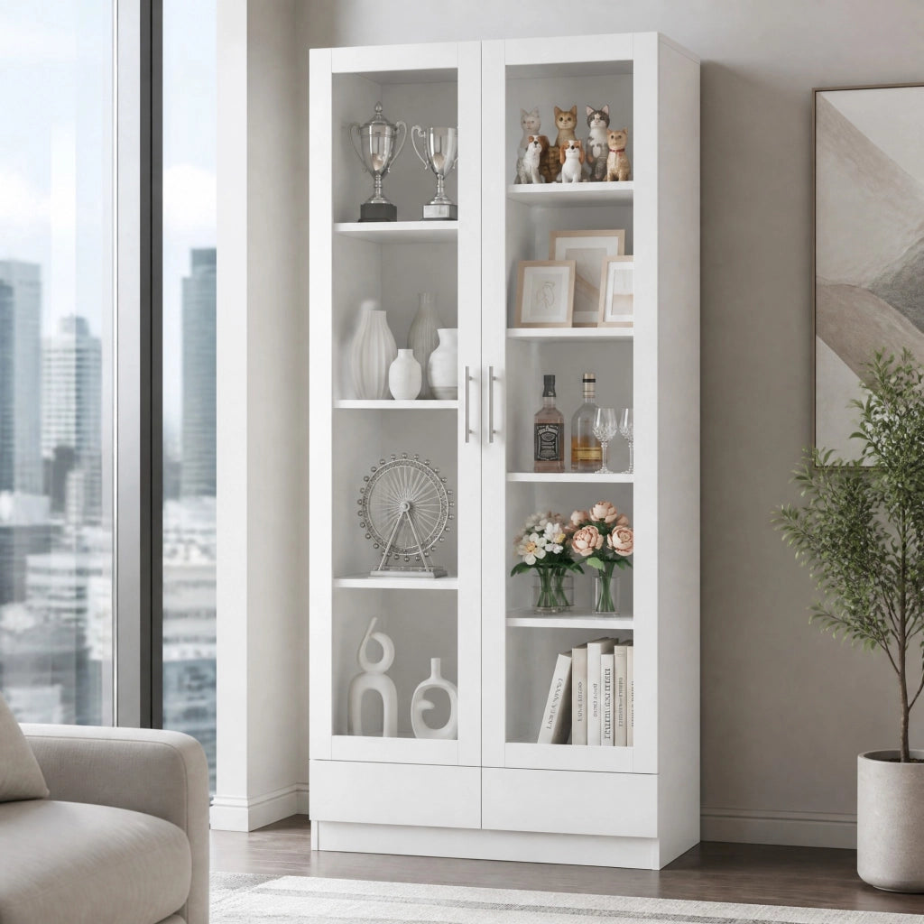 Armadio vetrina bianco con 2 cassetti, ripiani regolabili e vetri temperati, 160x40x80 cm