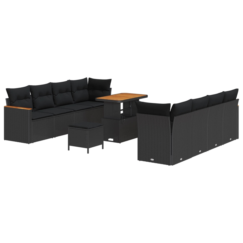 Set Divano da Giardino da 11 Pezzi con Cuscini Rattan Nero Acacia